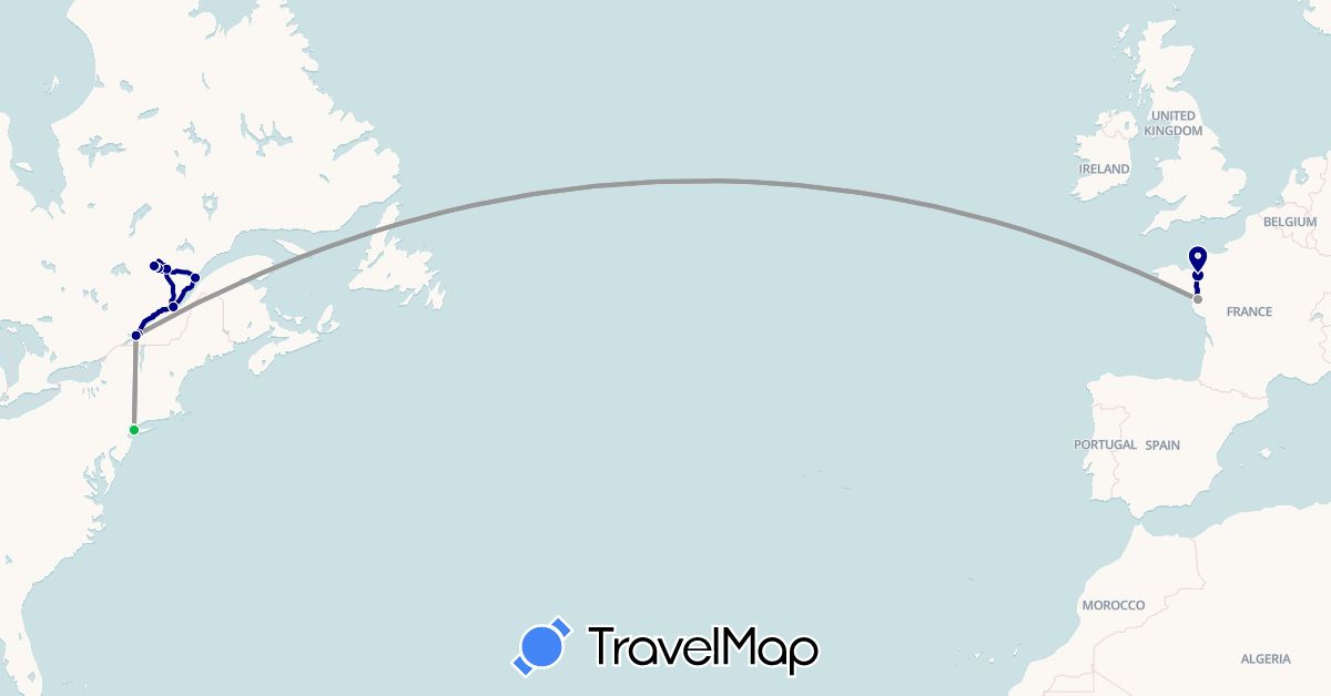 TravelMap itinerary: driving, bus, plane in Canada, France, United States (Europe, North America)